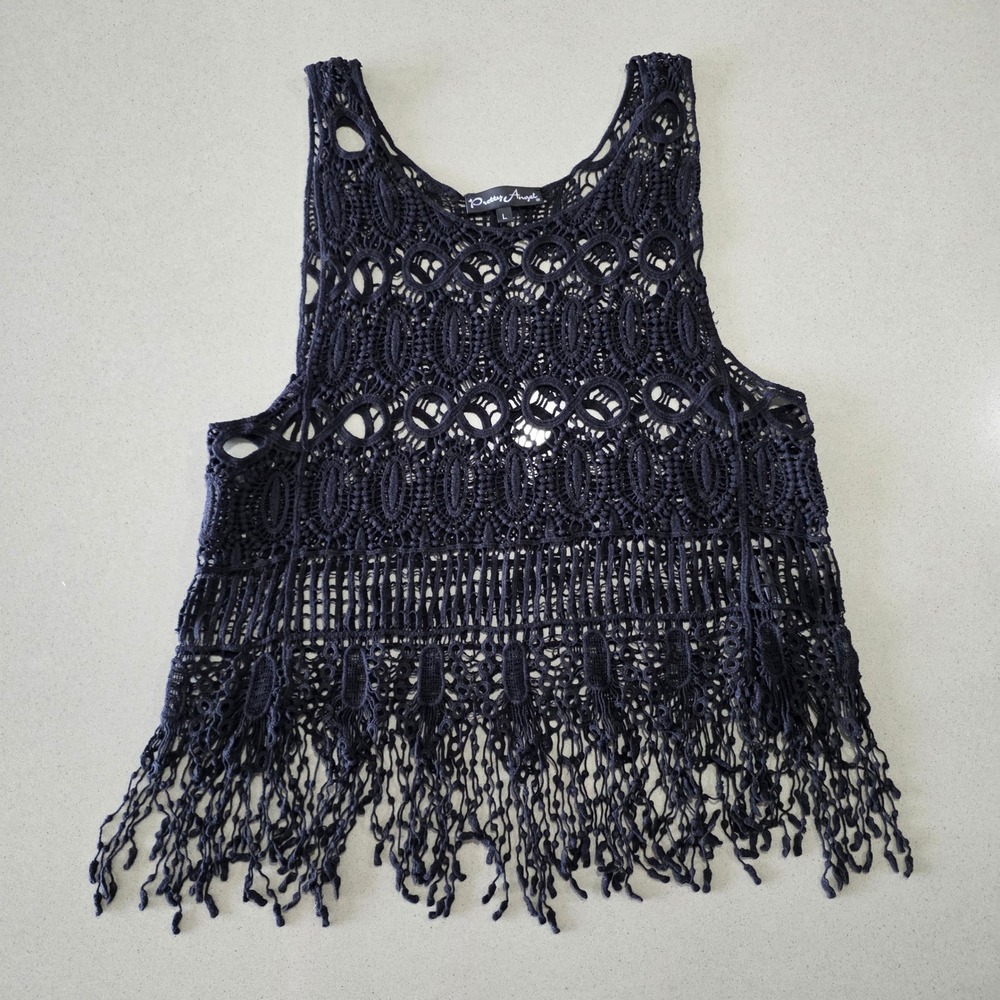 Pretty Angel Black Crochet Lace Fringe Tank Top Boho Sleeveless Linen Blend L